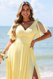 Chiffon A Line Yellow Bridesmaid Dress with Flutter Sleeves