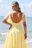 Chiffon A Line Yellow Bridesmaid Dress with Flutter Sleeves