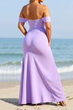 Off The Shoulder Sheath Lilac Bridesmaid Dress with Slit