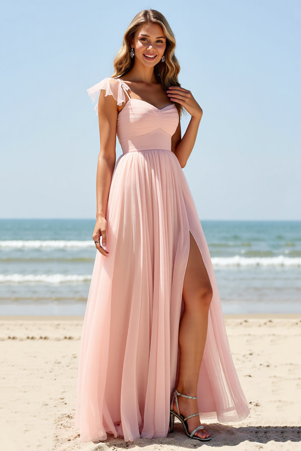 A Line Tulle Blush Bridesmaid Dress with Slit