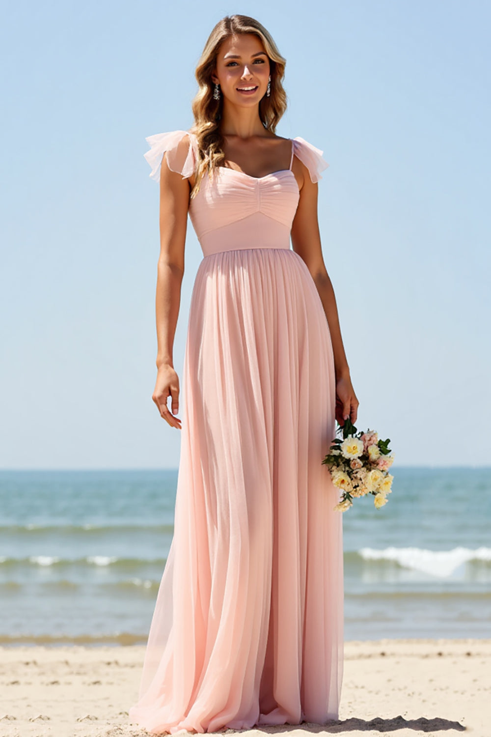 A Line Tulle Blush Bridesmaid Dress with Slit