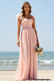 A Line Tulle Blush Bridesmaid Dress with Slit