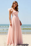 A Line Tulle Blush Bridesmaid Dress with Slit