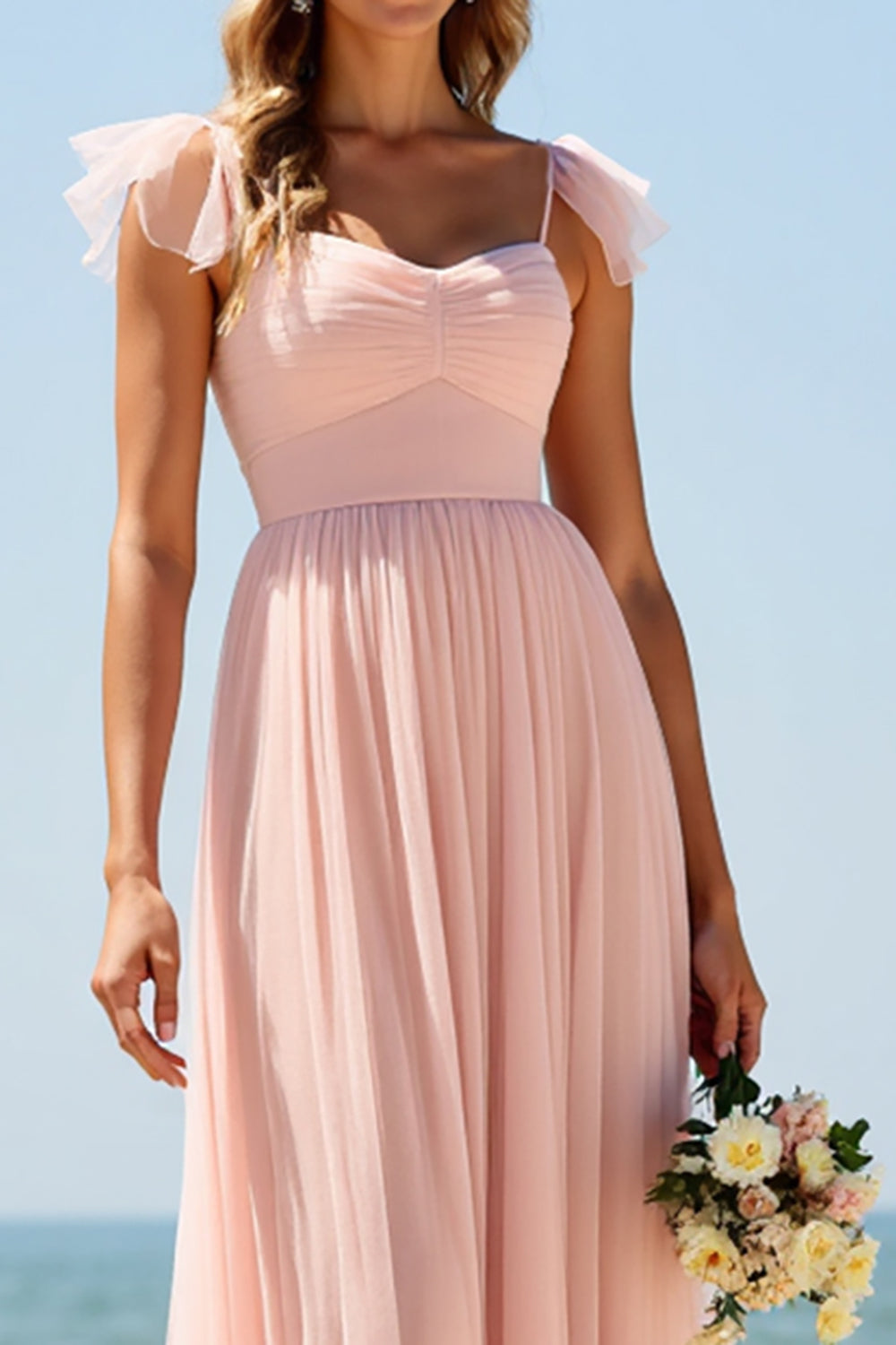 A Line Tulle Blush Bridesmaid Dress with Slit