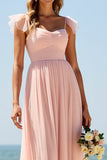 A Line Tulle Blush Bridesmaid Dress with Slit