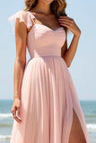 A Line Tulle Blush Bridesmaid Dress with Slit