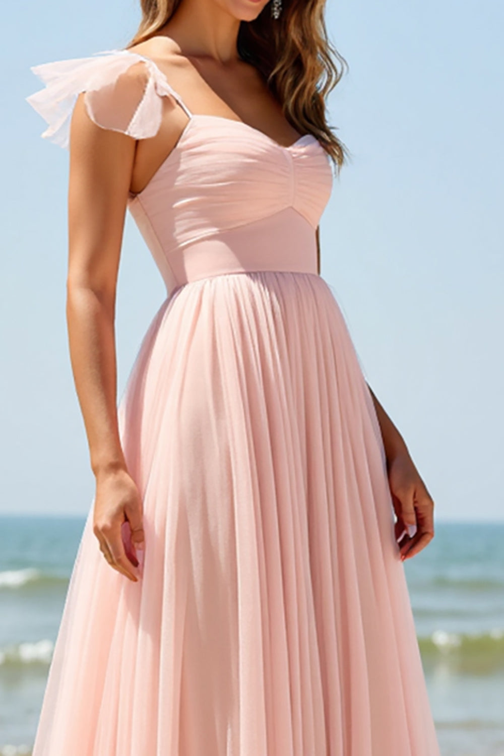 A Line Tulle Blush Bridesmaid Dress with Slit