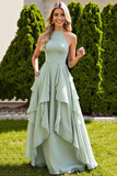 Ruffled A Line Halter Sage Green Bridesmaid Dress