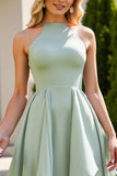 Ruffled A Line Halter Sage Green Bridesmaid Dress
