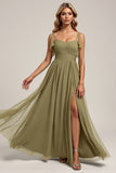 A Line Long Olive Bridesmaid Dress with Slit