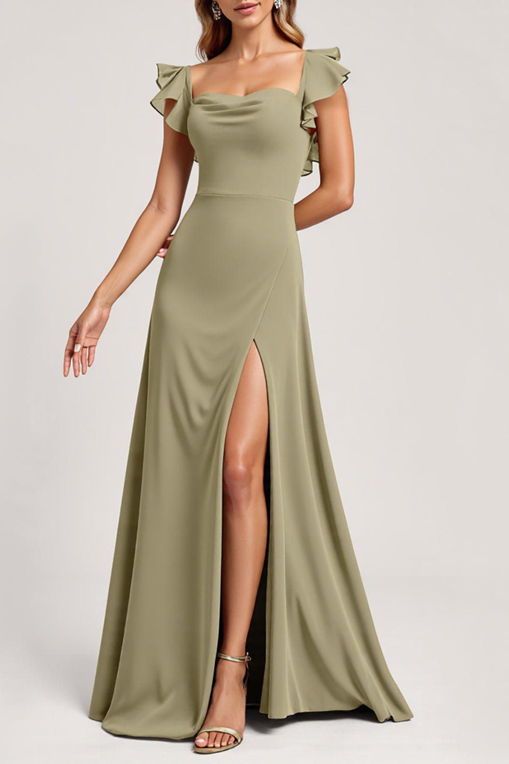 Ruffled A Line Olive Bridesmaid Dress with Slit
