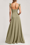 Ruffled A Line Olive Bridesmaid Dress with Slit