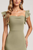 Ruffled A Line Olive Bridesmaid Dress with Slit