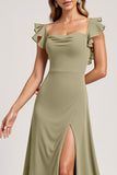 Ruffled A Line Olive Bridesmaid Dress with Slit