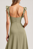 Ruffled A Line Olive Bridesmaid Dress with Slit