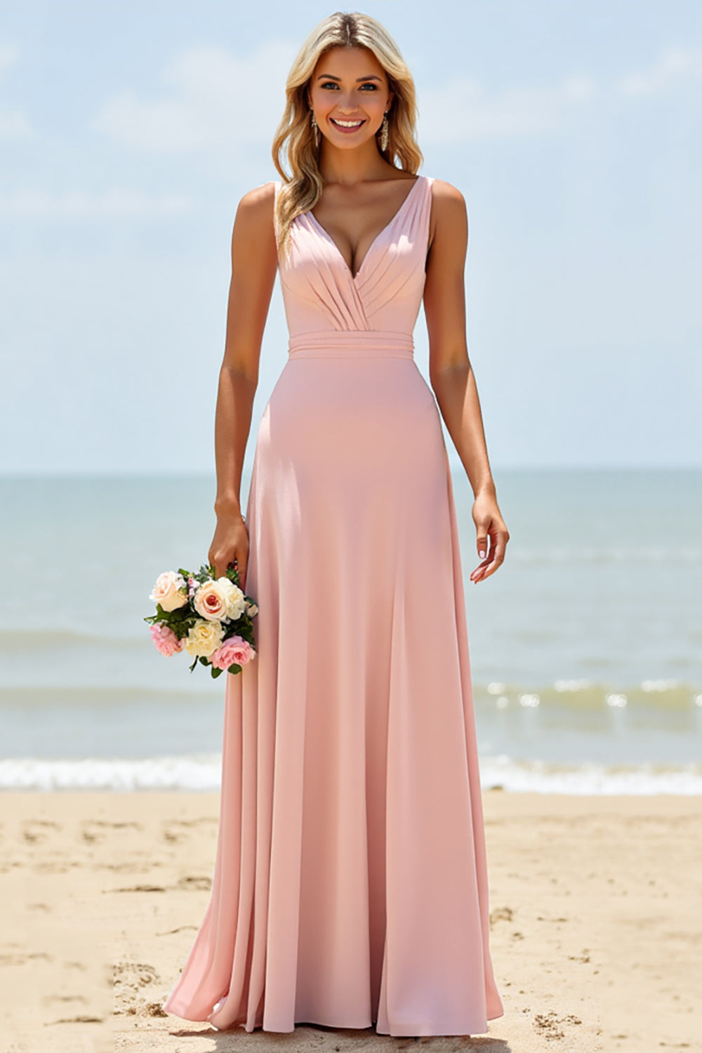 A Line Long V-Neck Blush Bridesmaid Dress
