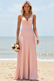 A Line Long V-Neck Blush Bridesmaid Dress