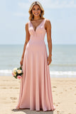 A Line Long V-Neck Blush Bridesmaid Dress