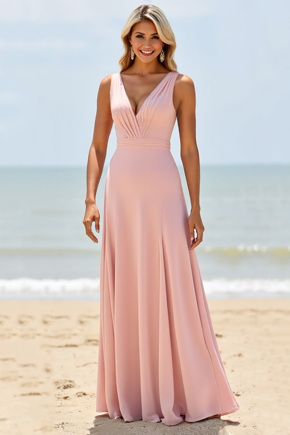 A Line Long V-Neck Blush Bridesmaid Dress