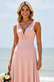 A Line Long V-Neck Blush Bridesmaid Dress
