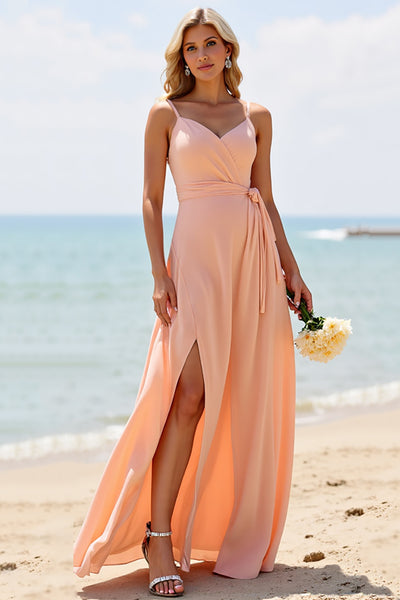Berylove Women Chiffon Bridesmaid Dress with Slit Sunset Spaghetti Straps A Line Long Wedding Guest Dress, Sunset / US26W