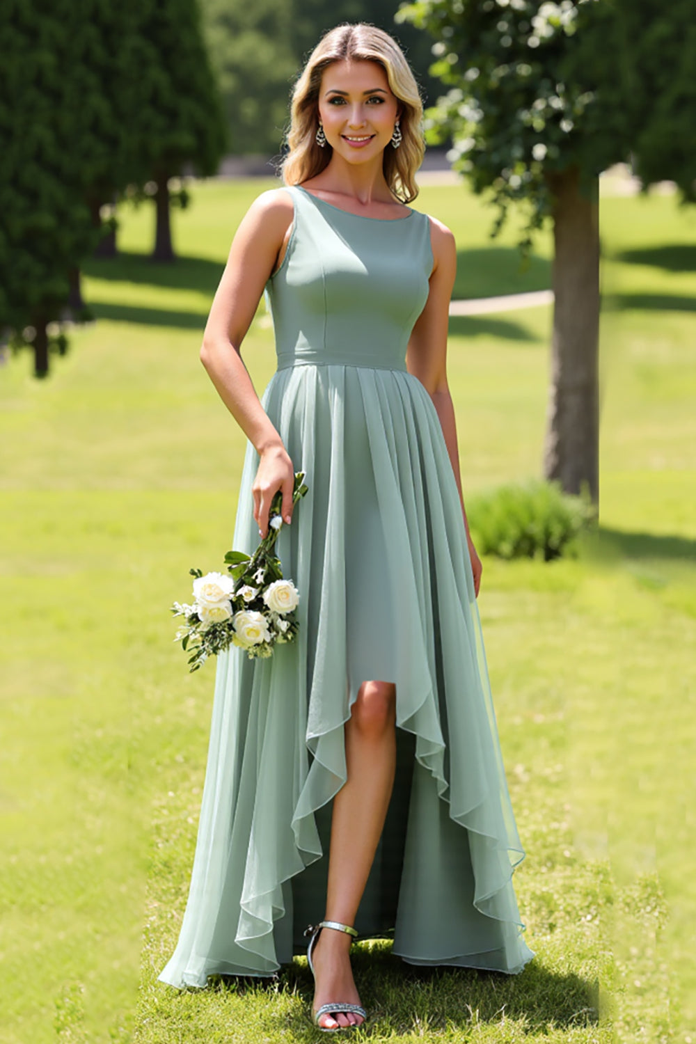 Chiffon High-Low A-Line Sage Green Bridesmaid Dress