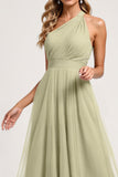 One Shoulder A Line Dusty Sage Bridesmaid Dress
