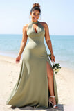 Plus Size A Line Olive Bridesmaid Dress with Slit