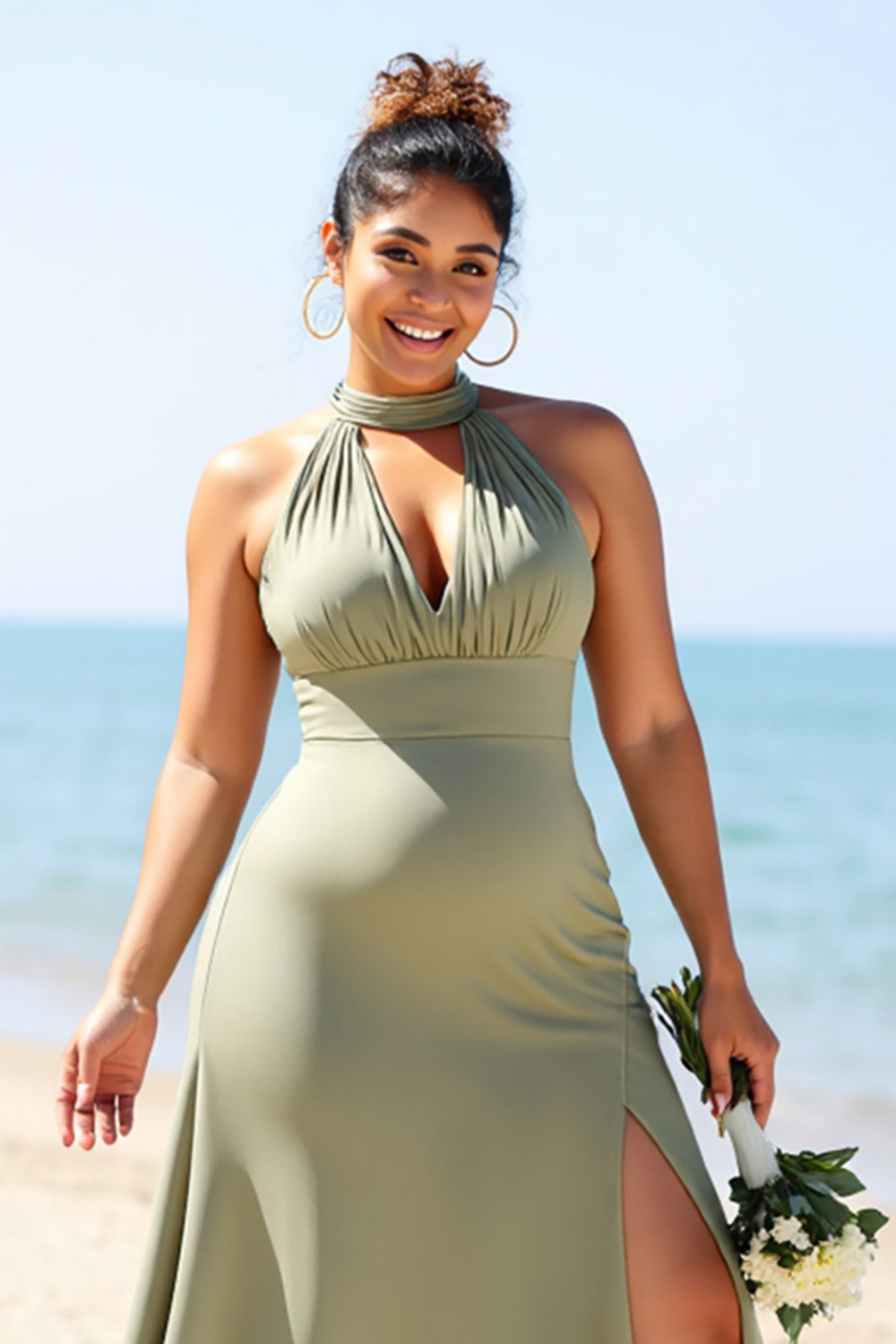 Plus Size A Line Olive Bridesmaid Dress with Slit