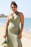 Plus Size A Line Olive Bridesmaid Dress with Slit