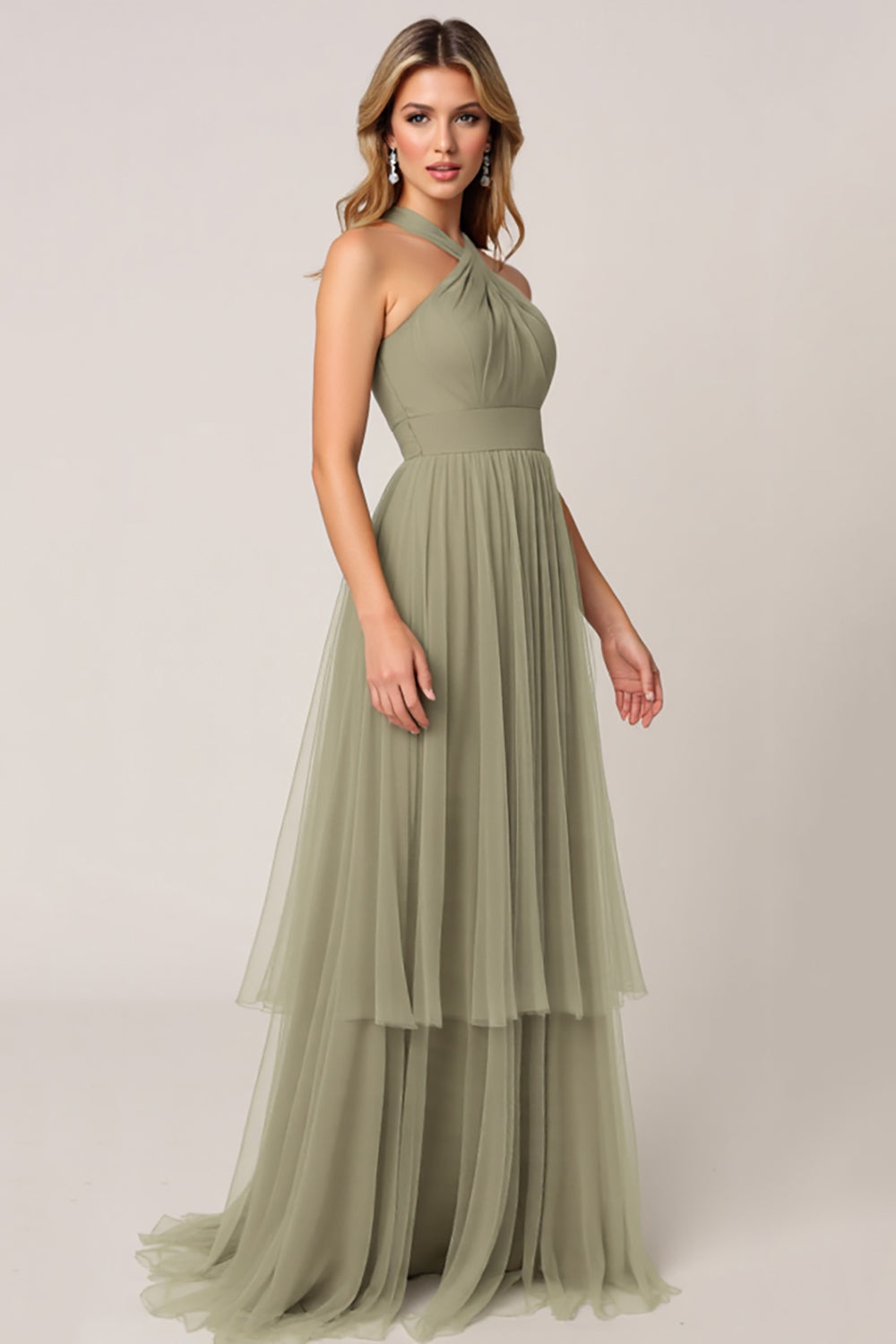 Halter A Line Tulle Olive Bridesmaid Dress