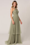 Halter A Line Tulle Olive Bridesmaid Dress