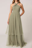 Halter A Line Tulle Olive Bridesmaid Dress
