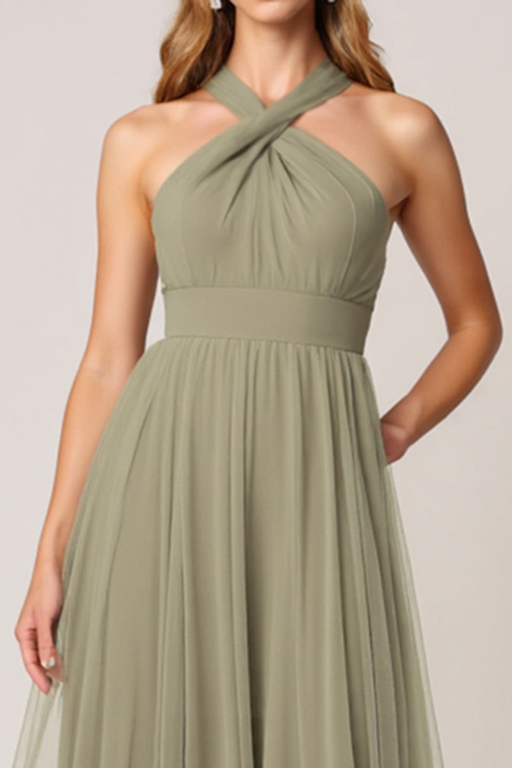 Halter A Line Tulle Olive Bridesmaid Dress
