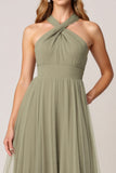 Halter A Line Tulle Olive Bridesmaid Dress