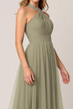 Halter A Line Tulle Olive Bridesmaid Dress