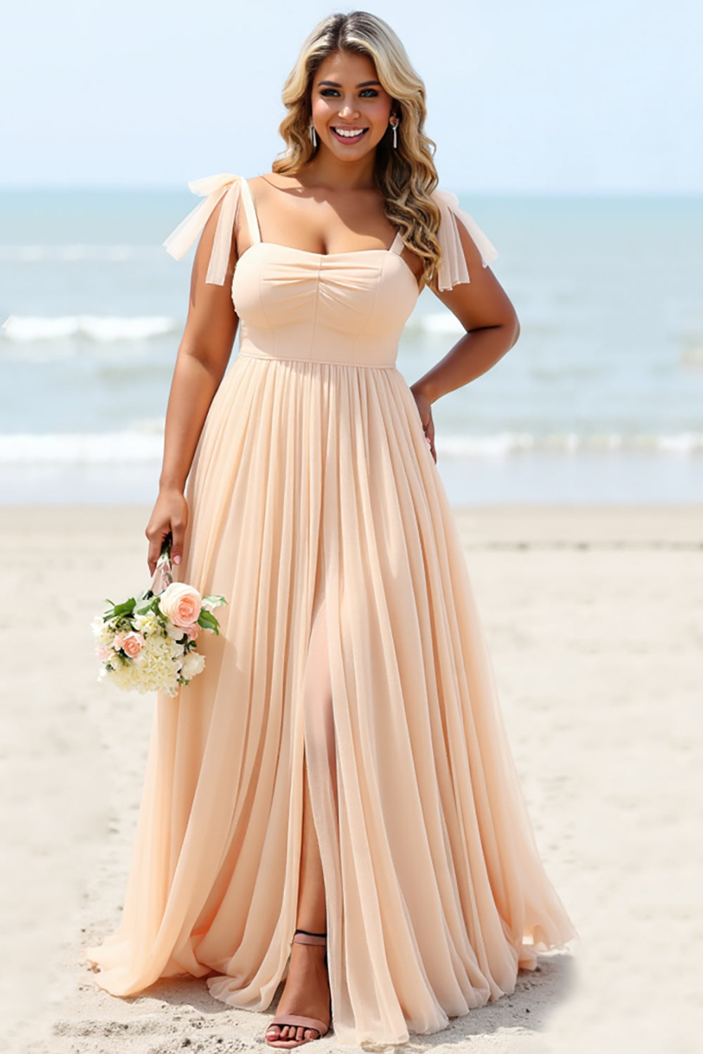 Chiffon A Line Apricot Plus Size Bridesmaid Dress with Slit