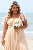 Chiffon A Line Apricot Plus Size Bridesmaid Dress with Slit