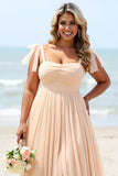 Chiffon A Line Apricot Plus Size Bridesmaid Dress with Slit