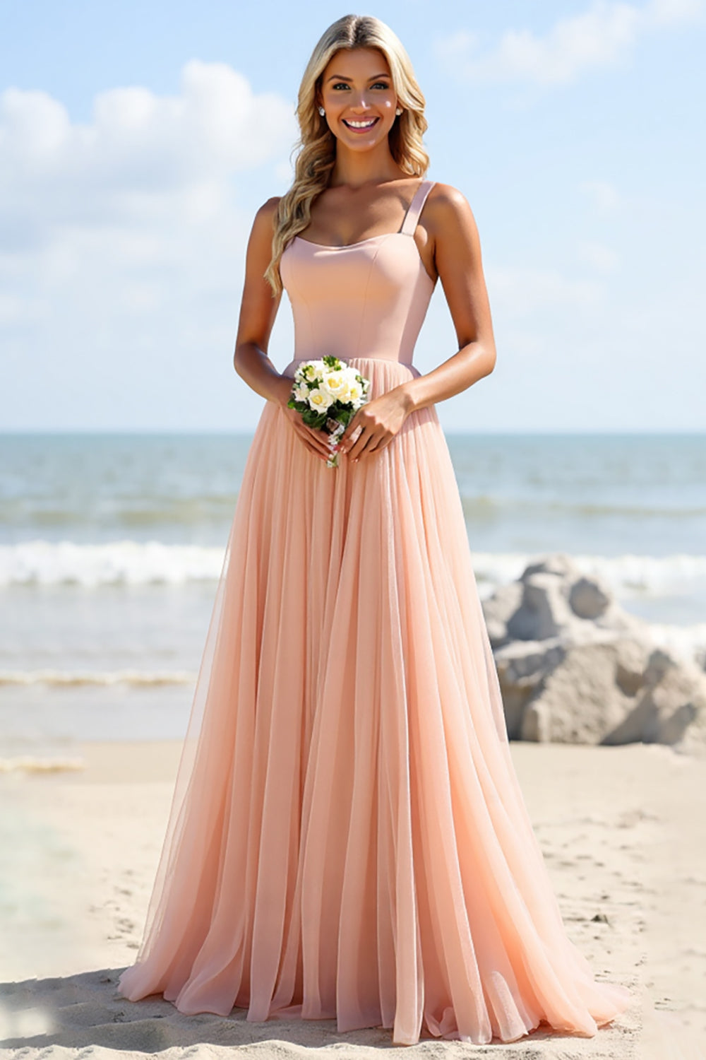 Blush A Line Spaghetti Straps Bridesmaid Dress