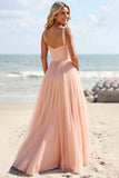 Blush A Line Spaghetti Straps Bridesmaid Dress