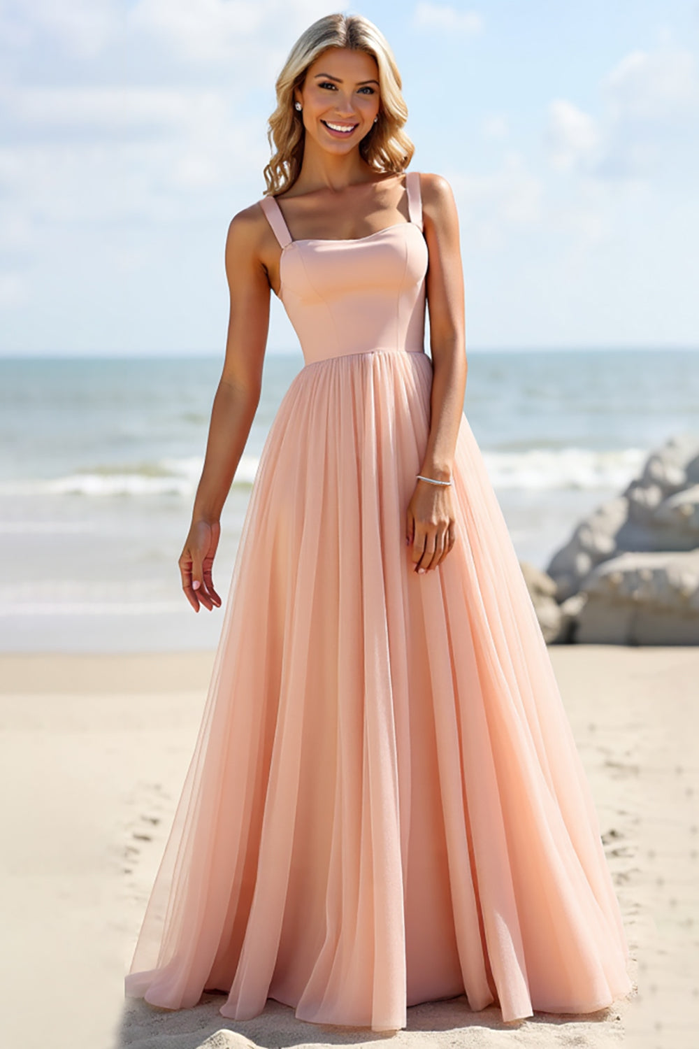 Blush A Line Spaghetti Straps Bridesmaid Dress