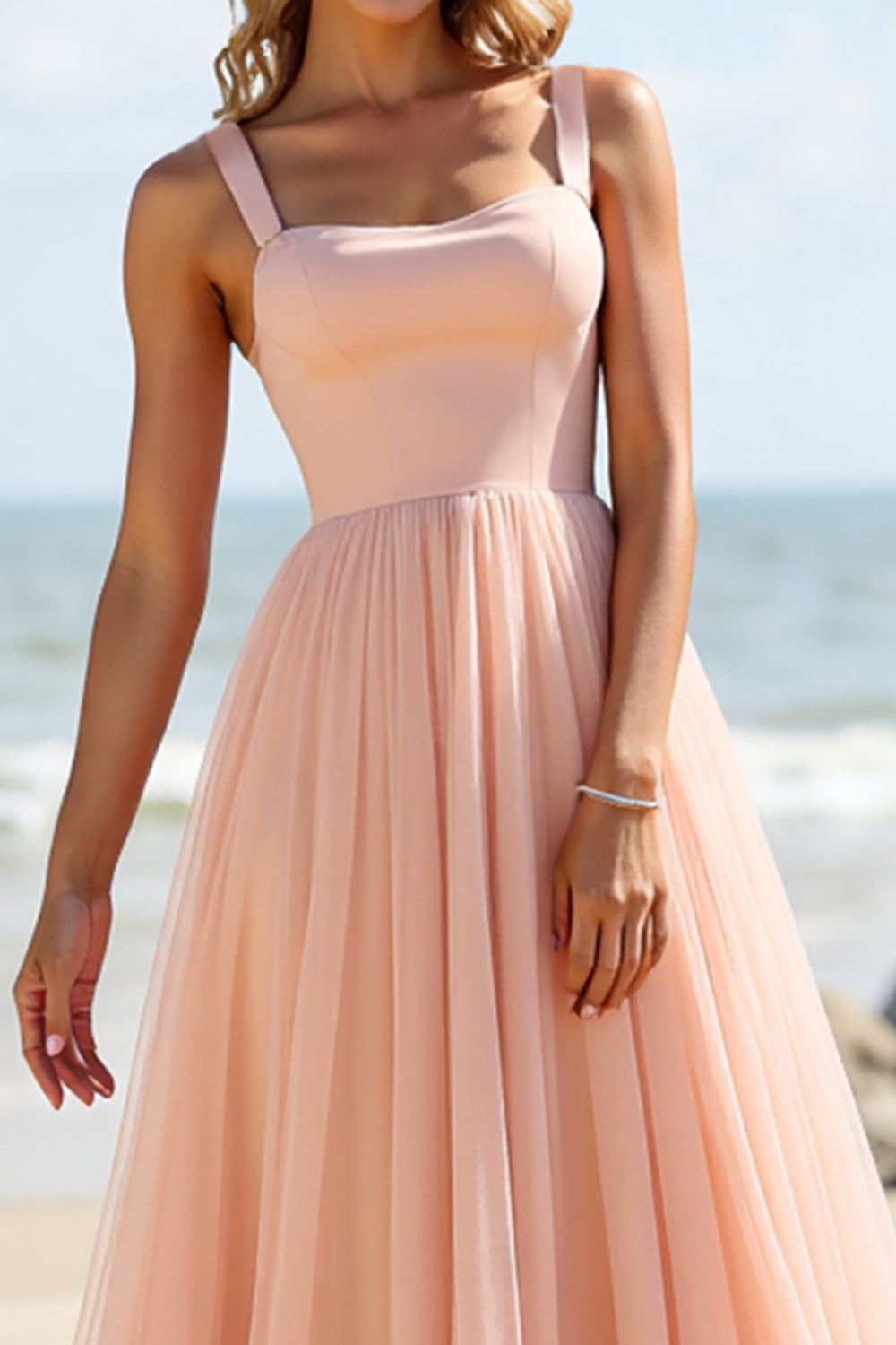 Blush A Line Spaghetti Straps Bridesmaid Dress