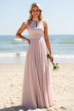 Halter A Line Candy Pink Bridesmaid Dress with Hollow Out