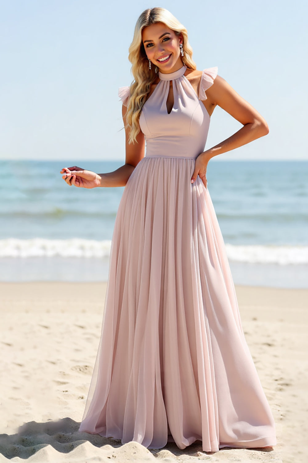 Halter A Line Candy Pink Bridesmaid Dress with Hollow Out