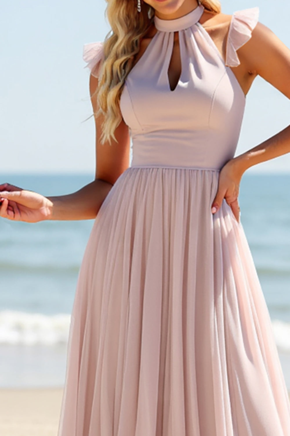 Halter A Line Candy Pink Bridesmaid Dress with Hollow Out