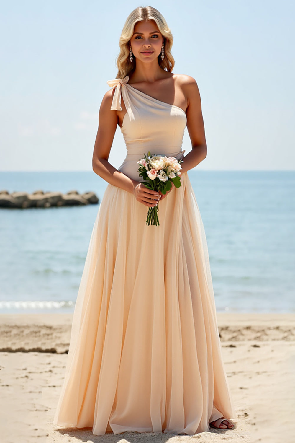 Apricot One Shoulder Chiffon A Line Bridesmaid Dress