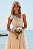 Apricot One Shoulder Chiffon A Line Bridesmaid Dress