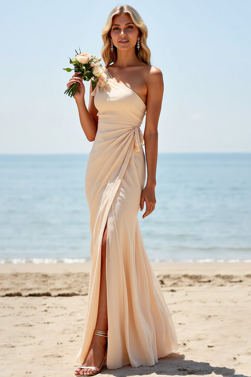 One Shoulder Sheath Apricot Bridesmaid Dress with Slit