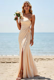 One Shoulder Sheath Apricot Bridesmaid Dress with Slit